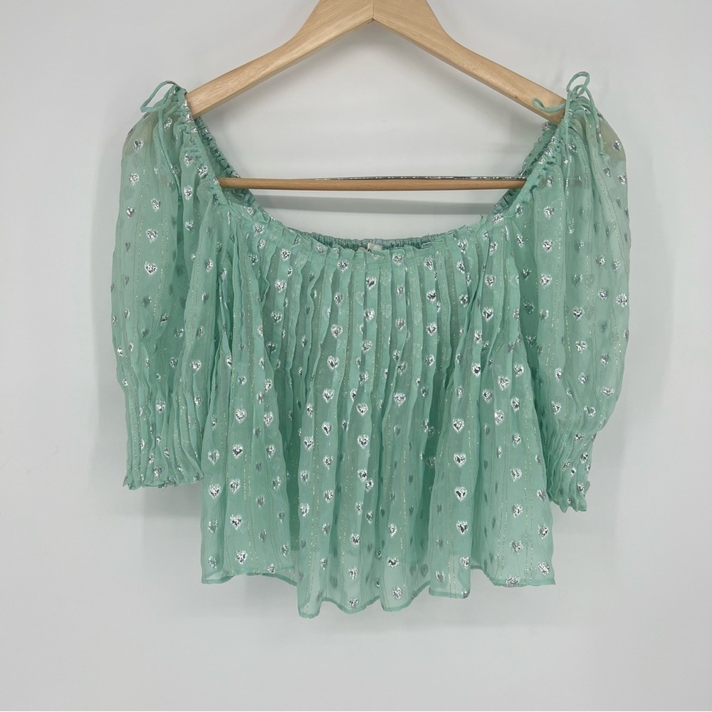 For Love & Lemons Mint Jana Blouse‎ Cropped Flowy Heart Print Tie Shoulders - Picture 5 of 13